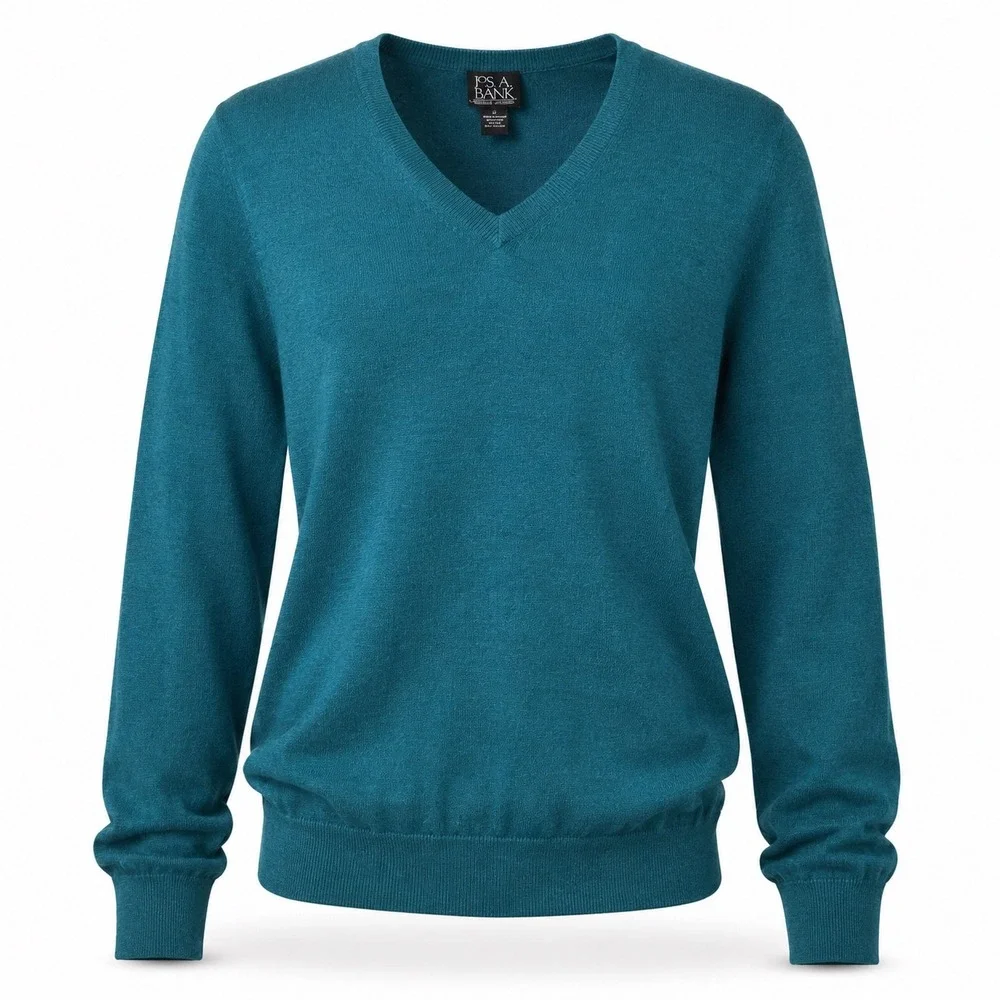 Jos A Bank Mens V-Neck Sweater L Merino Wool Teal Blue Green Traveler Collection